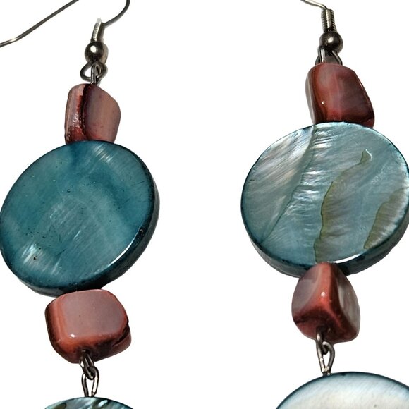 Handcrafted Boho Shell Dangle Earrings Blue Pink Discs Fashion Jewelry Women - Picture 3 of 4
